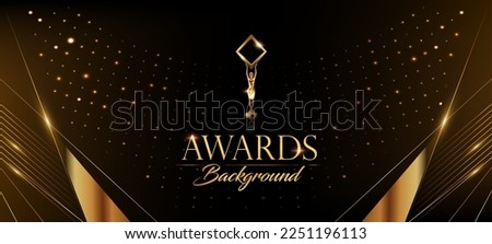 Golden Awards Background. Jubilee Night Decorative Invitation. Trophy on Stage platform with spotlight. Wedding Entertainment Hollywood Bollywood Night. Elegant Luxury Steps Floor. Film Awards.  Royalty-Free Stock Photo #2251196113