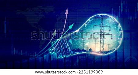 Symbolic light bulb with photo of high-voltage power lines, ascending arrows for design on theme of energy industry, global energy crisis with rise in cost of energy carriers, inflation, energy saving Royalty-Free Stock Photo #2251199009