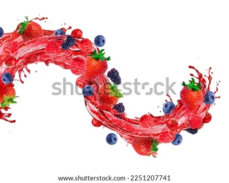 mixed berries splashing, mixed berries syrup Royalty-Free Stock Photo #2251207741