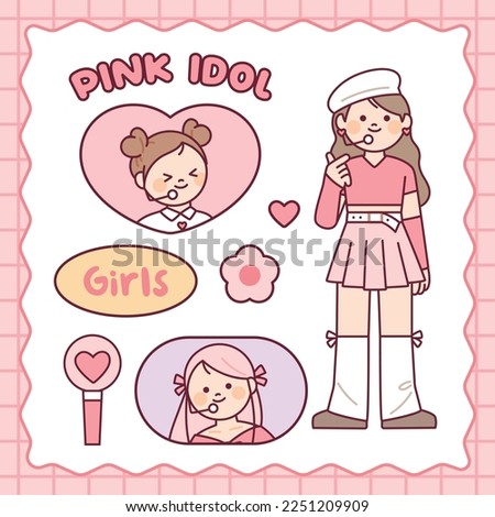 Cute K-pop girl idol characters. Photo card and light stick. pink color Royalty-Free Stock Photo #2251209909