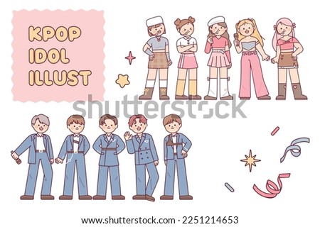 A cute K-pop idol character wearing a stage costume. She is standing side by side and smiling and saying hello. girl group team and boy group team. Royalty-Free Stock Photo #2251214653