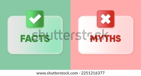 Facts or Myths banner. Green check mark and cross mark symbols icon element in square in 3D design. Checkmark symbol accepted and rejected. Vector illustration. Royalty-Free Stock Photo #2251216377