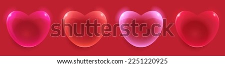 Set of realistic glass hearts. Symbol of love. Vector illustration for card, party, design, flyer, poster, banner, web, advertising.