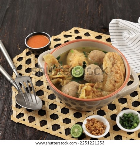 Baso Cuanki Bandung, Meatball and Batagor in Stock Soup. Popular Street Food from West Java, Indonesia.