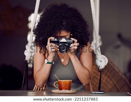 Woman influencer, camera photography and coffee shop, cappuccino and blog post, website and content marketing a product. Female, picture and food for social media, photographer and content creator