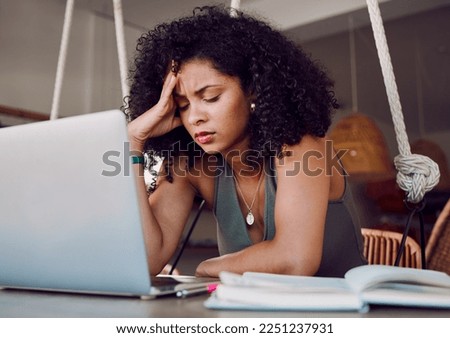 Stress, student and black woman with laptop in cafe frustrated from studying, working and project. University, burnout and stressed girl in coffee shop tired from learning on computer and books Royalty-Free Stock Photo #2251237931