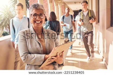 Education clipboard, students and portrait of teacher happy on college campus for coaching, teaching and learning. Knowledge study, high school principal or university professor with daily checklist