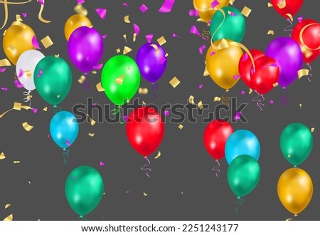 Colorful birthday balloons, pennants, tinsel and confetti on sky background with space for text. eps.10
