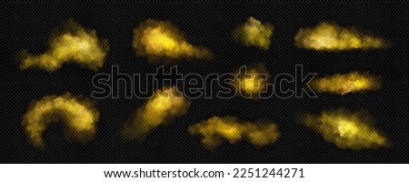 Yellow clouds of smoke, fog or steam. Magic dust splashes, color powder explosion texture. Smog or mist clouds isolated on transparent background, vector realistic illustration