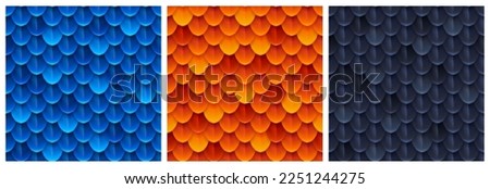 Textures of dragon scale, snake skin. Seamless patterns of blue, orange and black squama of fish, mermaid, reptile or fantasy monster, vector cartoon illustration