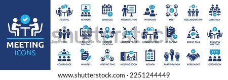 Meeting icon set. Containing seminar, business meeting, presentation, interview, conference, assembly, agreement and discussion icons. Solid icon collection. Royalty-Free Stock Photo #2251244449