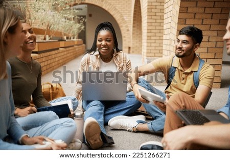 Diversity, laptop and students on ground, conversation and connection for study session, brainstorming and group project. Academics, young people or friends sitting, talking and collaboration outdoor Royalty-Free Stock Photo #2251266271