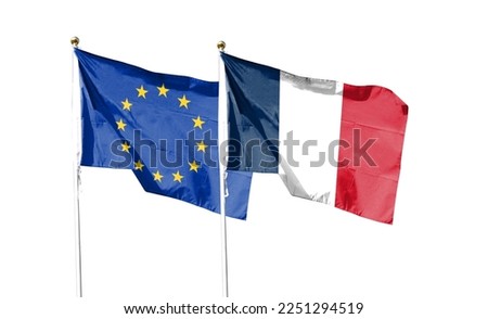 France flag and EU flag on cloudy sky. waving in the sky