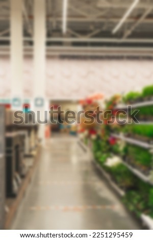 Side view of the sales area of the store with plants for the house. Blurred horizontal background in a hardware store. Decor, design for home and renovation.Vertical  blurred banner.