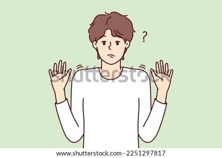 Embarrassed man discouraged raises hands up not understanding what is happening shows that is not guilty. Puzzled guy shrugging hands as sign lack options for solving problem. Flat vector design Royalty-Free Stock Photo #2251297817