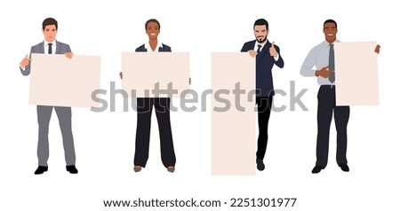 Different Business People holding blank placards. Happy men, women with empty paper boards showing, presenting, demonstrating advertisement. Realistic vector illustration isolated, white background. Royalty-Free Stock Photo #2251301977
