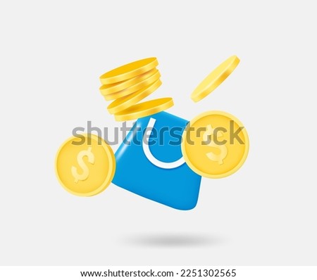 Shopping bag with golden coins. Receiving funds or season sale concept. 3d vector isolated illustration