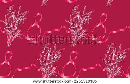Holiday trendy colors seamless pattern with hand drawn spring flowers and numeral eight created from pink ribbon. Conceptual vector greeting design for packaging, wrapping flowers, gift paper, cards