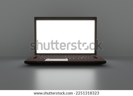 Laptop with blank screen isolated on black background, white aluminium body. Whole in focus. High detailed. 3d illustration.
