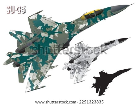 Green and gray camouflageed SU-35 jet fighter plane illustration (wire frame and black silhouette set) Royalty-Free Stock Photo #2251323835