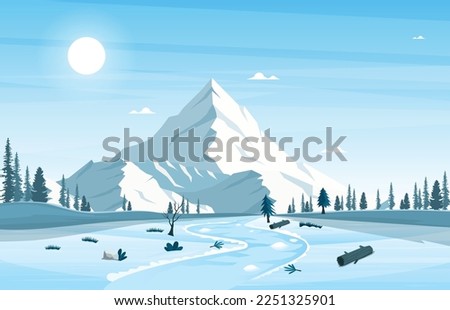 Winter mountain snow white with moon light landscape and ice river