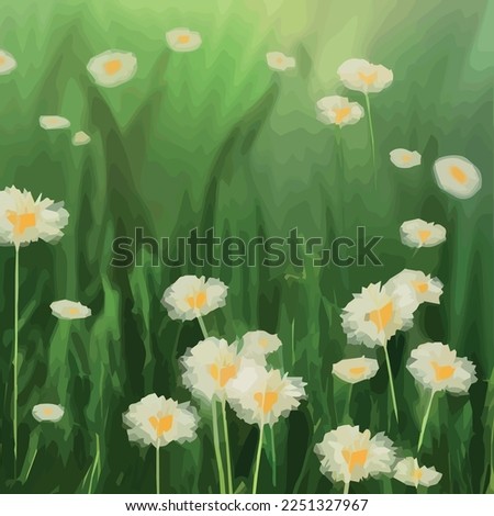 Spring background with chamomile flowers, green grass, blue sky. Can be used for Easter, birthday, party, anniversary, March 8, Women's Day. Seasonal Sales