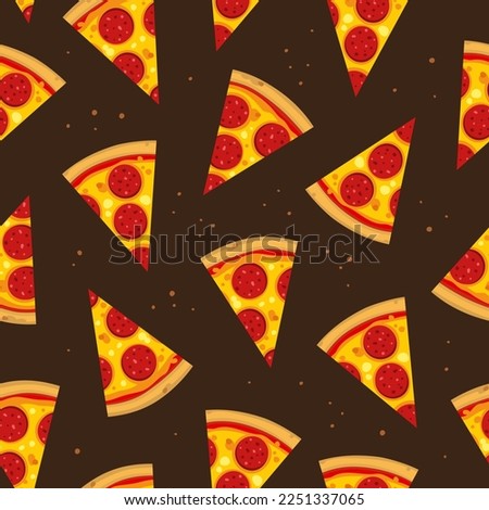 Vector seamless pattern with Pepperoni pizza slices. Detailed appetizing pieces are rotated in different directions. Isolated on a dark brown background. Royalty-Free Stock Photo #2251337065
