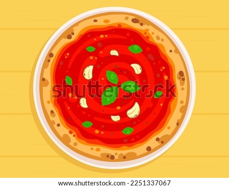 Vector illustration of appetizing Marinara pizza with, tomato sauce, garlik and basil. Traditional Italian pizza on a plate on a wooden table.