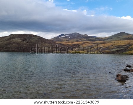 Magnificent View of Lake Kari and Aragats Mountain in Armenia, the highest mountain of Armenia.
