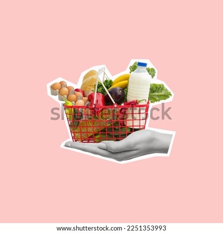 Contemporary art collage of hand holding shopping basket with groceries. Go shopping concept. Modern design. Copy space for ad.
 Royalty-Free Stock Photo #2251353993