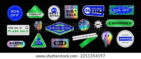 Holographic and colors sticker set. Shine metal badges of various shapes. Gradient sale and discount sticker Vector iridescent foil adhesive film, holography labels mockup and realistic holo textures. Royalty-Free Stock Photo #2251354197