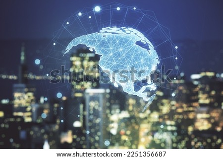 Virtual digital map of North America on blurry skyline background, international trading concept. Multiexposure Royalty-Free Stock Photo #2251356687