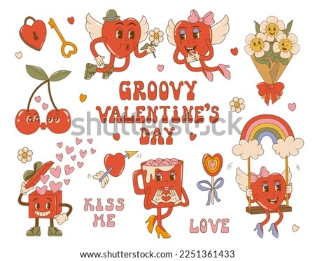 Set trendy groovy valentines day with retro cartoon characters in 60s - 70s style.