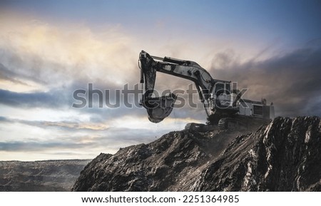Panoramic view of coal mine. Open pit mine industry, big yellow mining truck for coal quarry. Open coal mining anthracite mining. Pit on coal mining by open way. Rock loading in trucks. Large truck Royalty-Free Stock Photo #2251364985