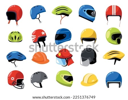 Helmet collection. Cartoon bike motorcycle driver sport building engineer worker security hats, head protection concept flat style. Vector isolated set of equipment protection helmet illustration