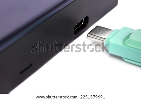 types c of usb cables​ with​  ssd​harddisk​ for computer and smartphones isolated on white background.