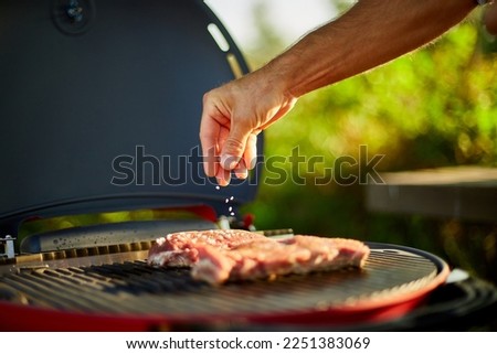 Close up on man's hand seasoning meat on the gas grill on barbecue grill outdoor in the backyard, grilled roasted steak meat, summer family picnic, food on the nature. Royalty-Free Stock Photo #2251383069