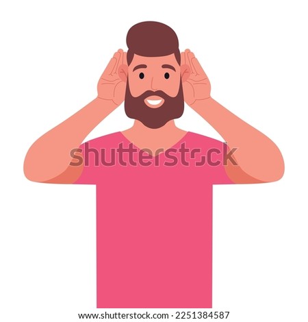 Bearded man in pink t-shirt trying to hear something seriously. The guy is raising his hands to his ears. Vector illustration.