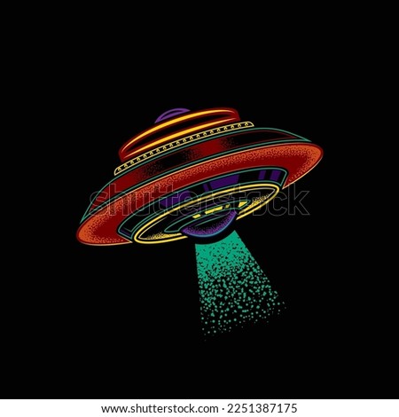 Original vector illustration in neon style. A flying saucer. Unidentified flying object. A design element.