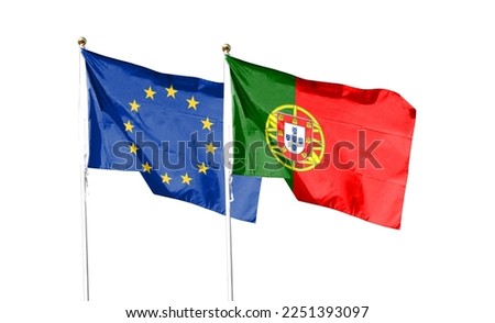Portugal flag and EU flag on cloudy sky. waving in the sky