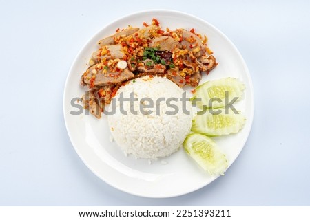 Garlic and Pepper Pork with Rice thailand food white background