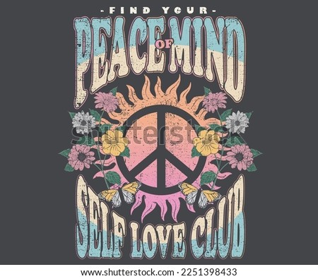 Find your peace of mind. Peace sign with sun graphic print design for t-shirt. Flower and butterfly artwork design.