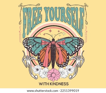 Free yourself. Butterfly with star graphic print design for t-shirt. Flower artwork design.