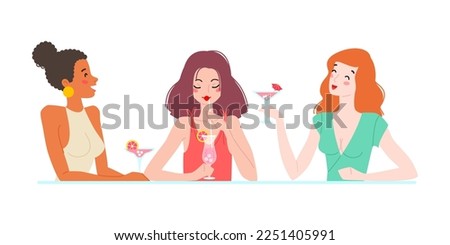 Multiracial girls enjoying cocktails in a nightclub or cafe. Illustration of pretty young women talking and laughing together. Woman's friendship concept. Vector 10 EPS. Royalty-Free Stock Photo #2251405991