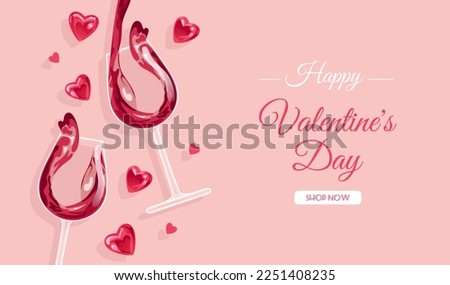 Festive banner for Valentines Day, International Wine Day. Realistic glass of sparkling rose wine. Shining hearts. For advertising, website, poster, flyer