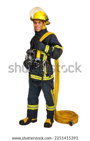 Full body young smiling African American fireman in uniform and helmet holds fire hose in hands and looking at camera isolated on white background, vertical orientation 