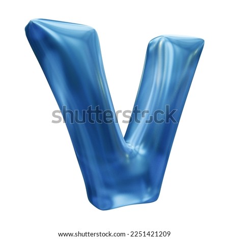 Blue alphabet letter v isolated on white background in 3d rendering. Balloon glossy letters for text or education.