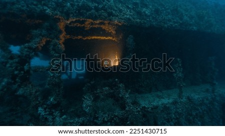 technical diving light inside a room in a ship wreck Royalty-Free Stock Photo #2251430715