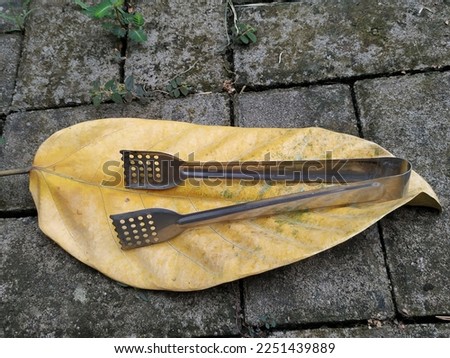 A picture of a BBQ tong on a yellow leaves lying on the ground 