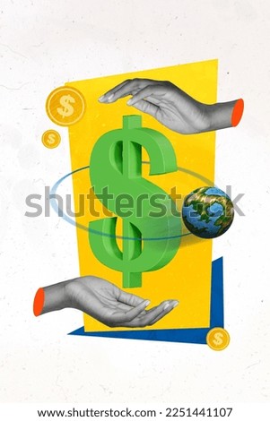 Composite creative photo collage of hands holding dollar money symbol planet earth circling around global market isolated on white background